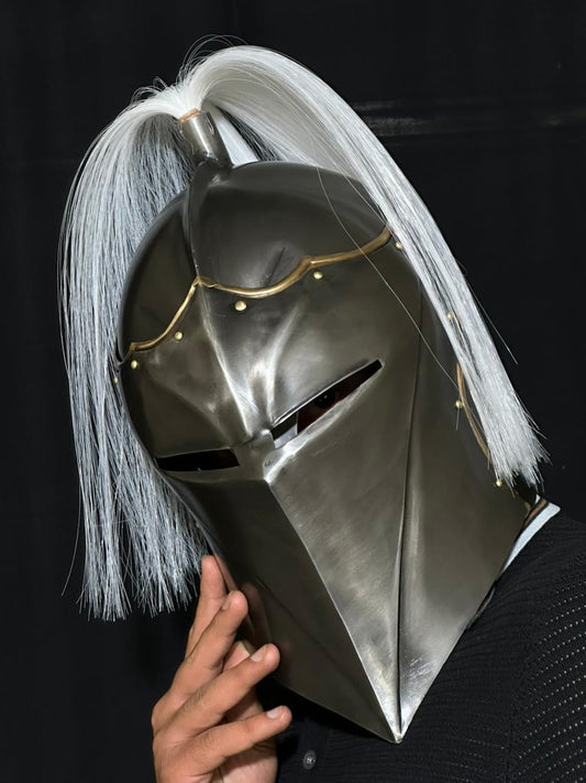 Steel Clasp Visored Gothic Knight Helmet with Plume featuring medieval Gothic knight armor design for LARP and cosplay