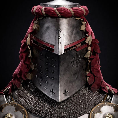 Steel Crusader Knight Helmet featuring a handcrafted Templar style faceplate and chainmail aventail for medieval cosplay and historical reenactment.