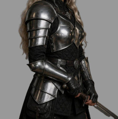 Back view of Steel Breastplate with Pauldrons featuring adjustable leather straps and articulated armor