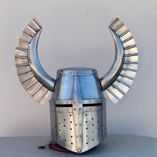 Front view of Templar Brass Cross Crusader Helmet showcasing medieval knight armor design