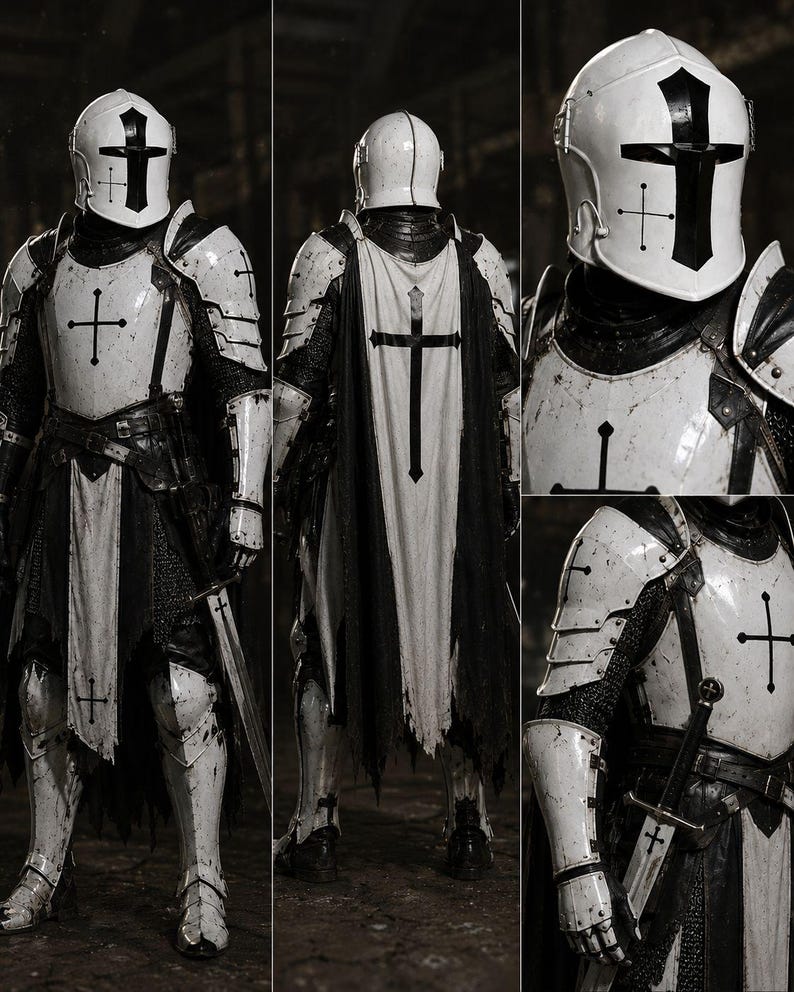 Templar Crusader full body armor costume with white and black weathered steel finish for medieval cosplay enthusiasts