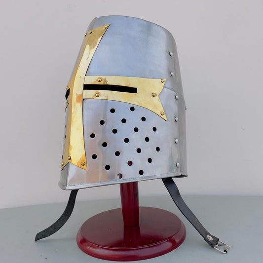 Front view of Templar Crusader Helmet with polished steel finish