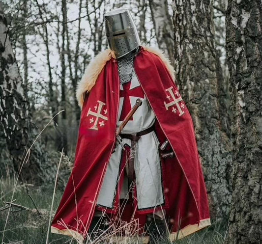 Templar Knight full armor set with chainmail, crusader helmet, and white surcoat with red cross.


