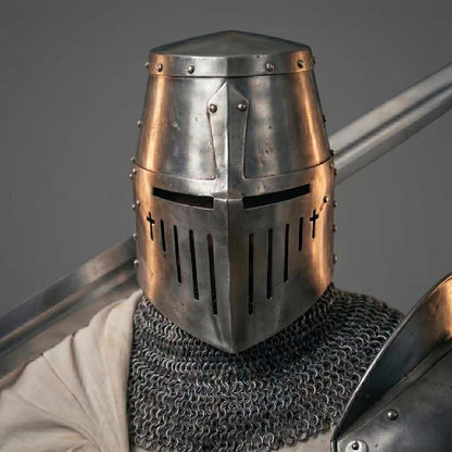 Close-up of Knight Templar armor with shield highlighting premium steel craftsmanship