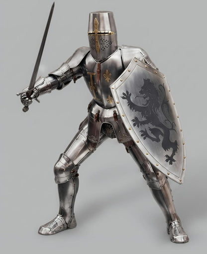 Templar knight display armor complete set including helmet, shield, spear, chainmail, and steel armor stand