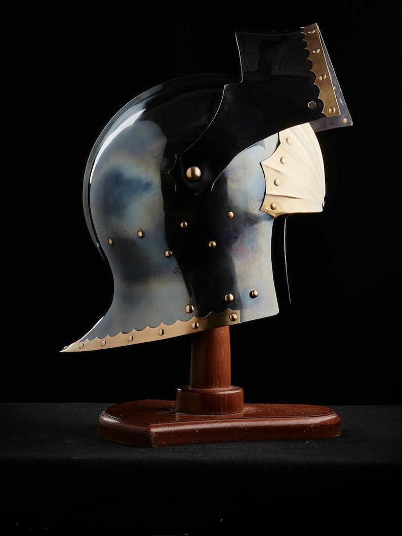 Display of replica German Sallet helmet inspired by Templar knights