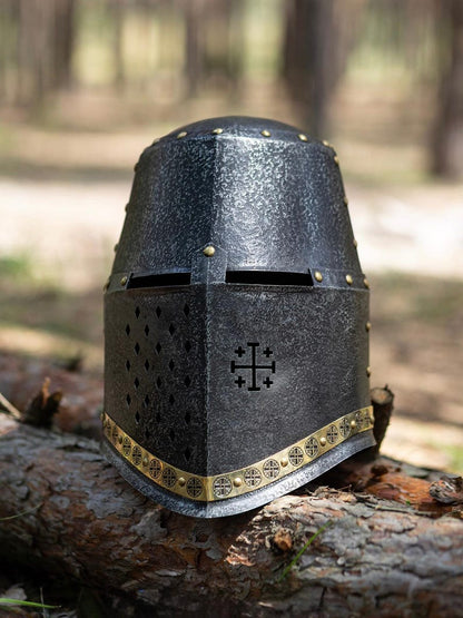 Side profile of Templar Knight LARP helmet showing ventilation slots