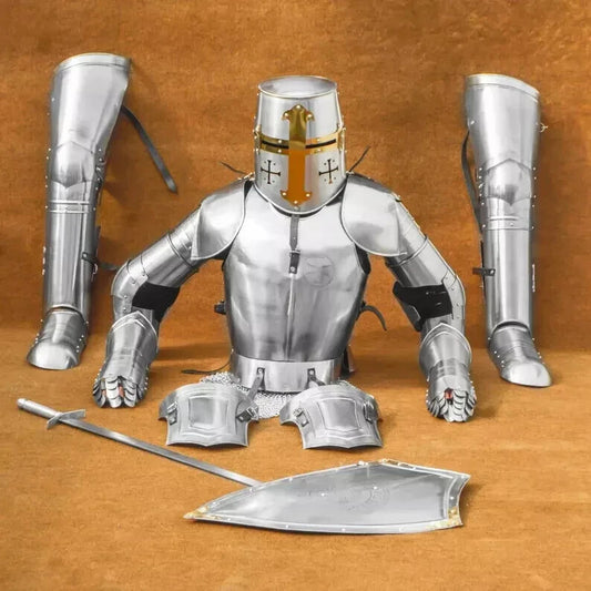 Front view of Templar knight full body wearable armor suit with polished steel finish, handcrafted by Artisans Hub for cosplay and historical display.


