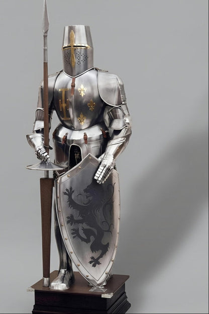 Templar steel full suit of armor with shield, handcrafted medieval knight armor replica for home décor and collectors