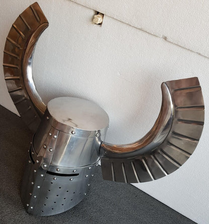 Templar and Teutonic inspired Knight Helmet with horns rear view