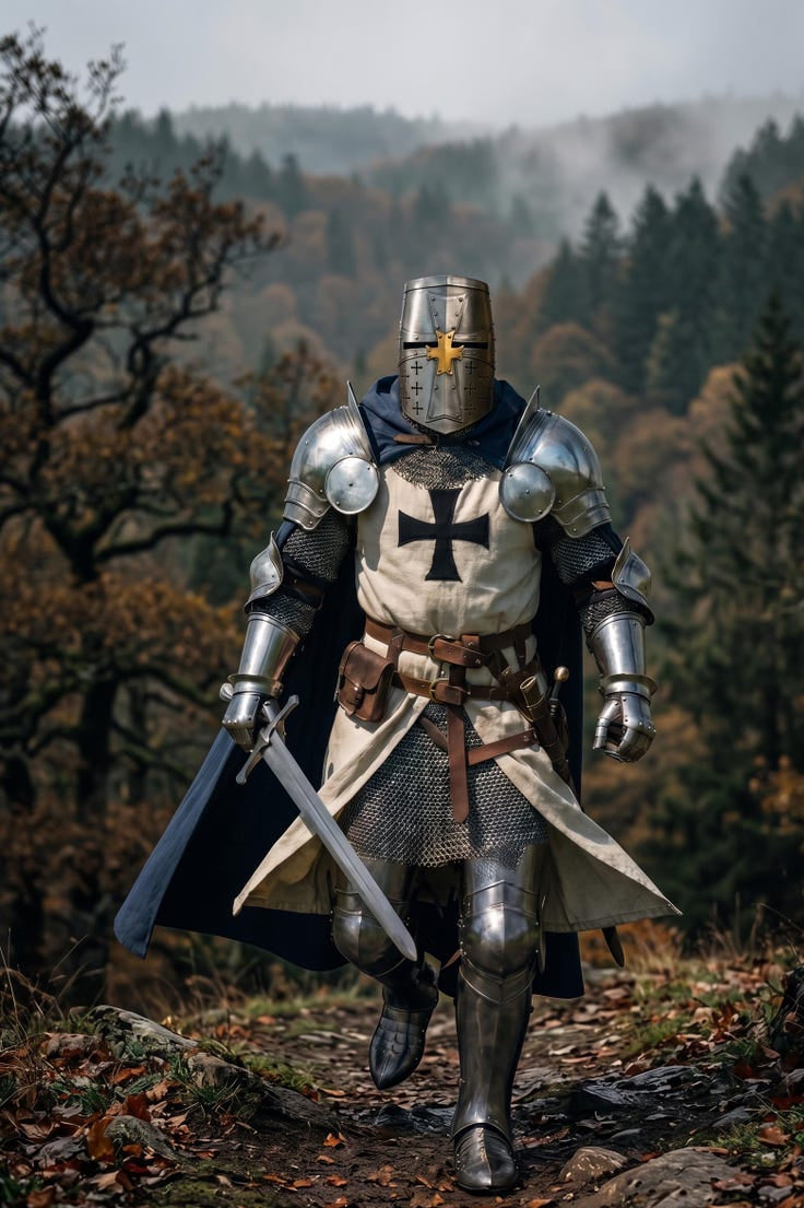 Teutonic Crusader Knight Armor Set with great helmet and 18 gauge steel construction designed for medieval cosplay, LARP, and roleplay events.