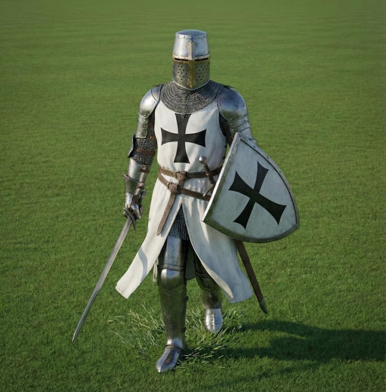 Teutonic Crusader Knight armor featuring steel helmet and chainmail for cosplay and display