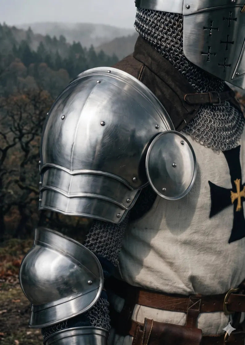 Side view of Teutonic crusader knight armor suit full body wearable 18 gauge steel armor costume with pauldrons gauntlets and leg protection for cosplay