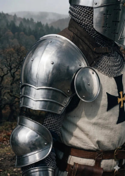 Side view of Teutonic crusader knight armor suit full body wearable 18 gauge steel armor costume with pauldrons gauntlets and leg protection for cosplay