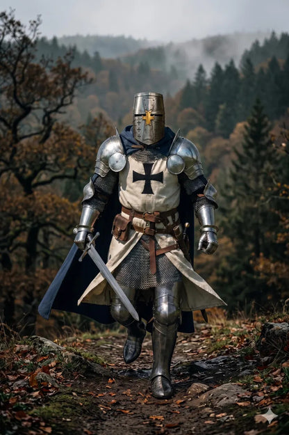 Teutonic Crusader Knight Armor Suit full body wearable 18 gauge steel medieval armor set with chainmail and great helmet for cosplay and reenactment