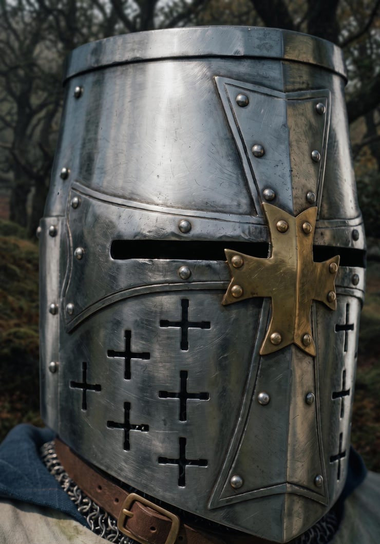 Teutonic Crusader Knight Costume with blue cape, crusader tunic, and bold cross emblem for medieval cosplay and Renaissance fair events.