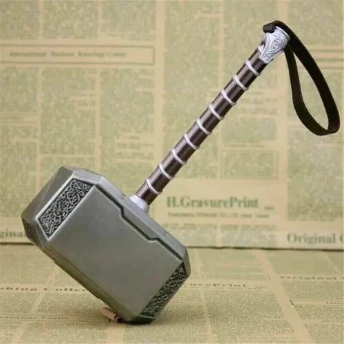 Front view of full-size Thor Mjolnir hammer made of metal with leather strap