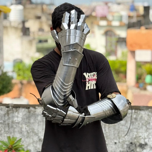 Titanium Claw Medieval Battle Gauntlets front view showing handcrafted articulated steel armor gloves