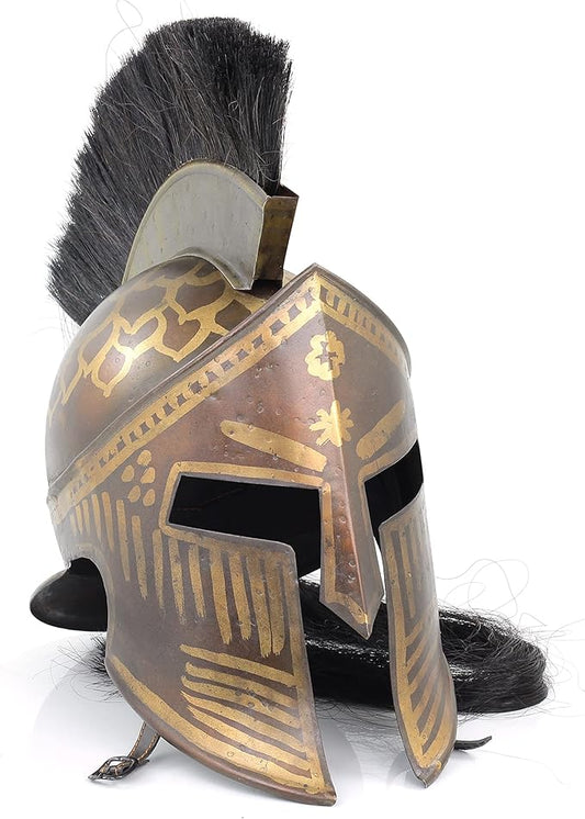 Front view of Tribal Brown Medieval Barbuta Helmet with antique finish and Crusader design