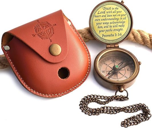 Front view of Trust in The Lord solid brass compass engraved with Proverbs 3:5-6