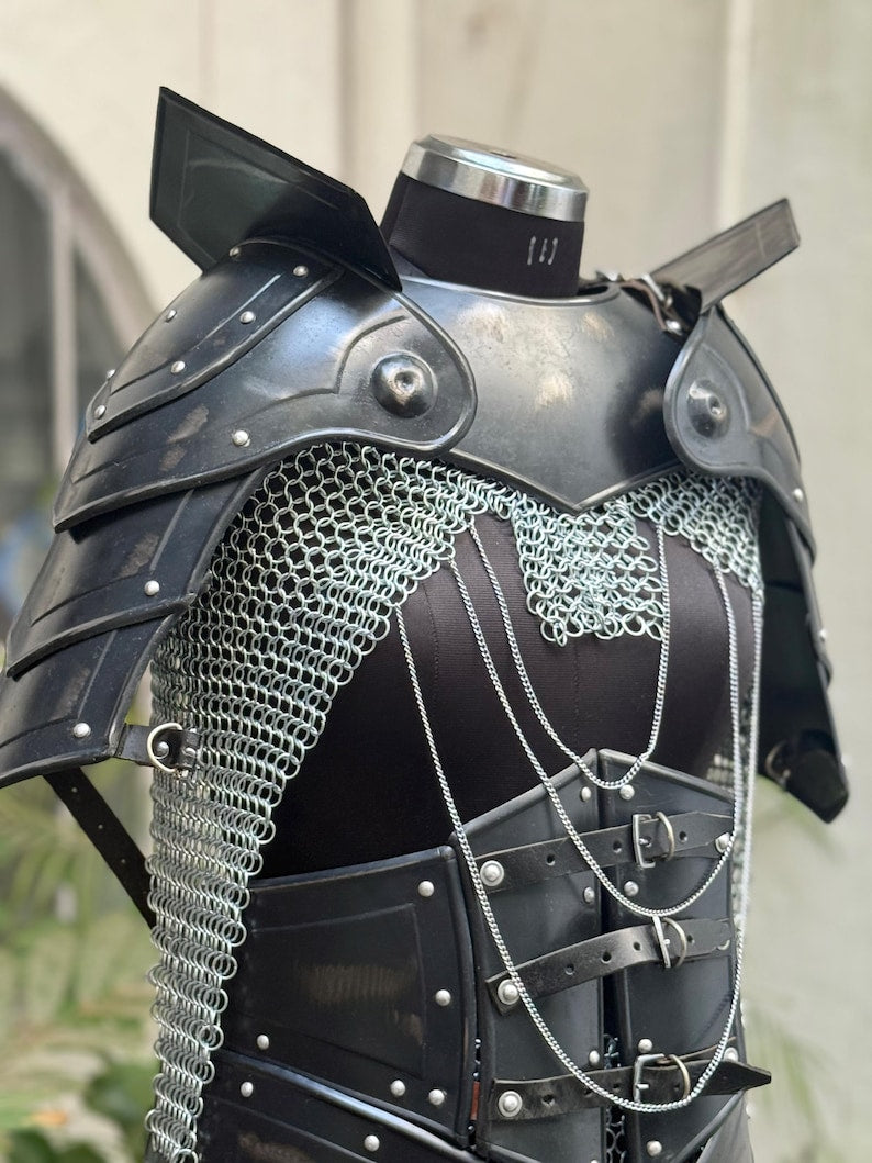 Unique fantasy gift: Medieval Women’s Black Cuirass Armor Set with gothic black finish