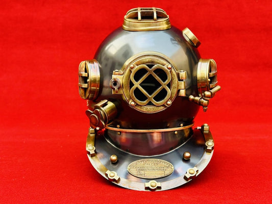 Front view of U.S. Navy Mark V Diving Helmet in nautical steel and aluminum finish