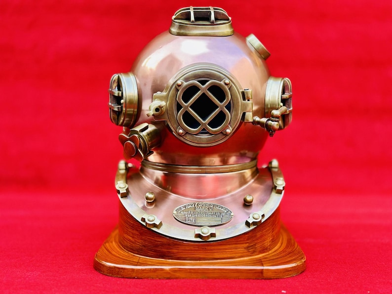 U.S. Navy Mark V Diving Helmet with wooden base – nautical decor full view