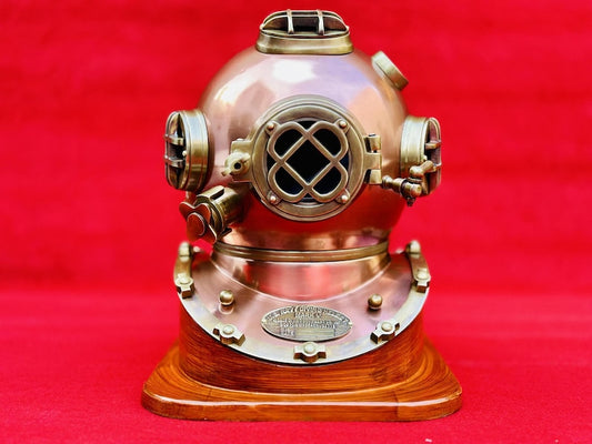 U.S. Navy Mark V Diving Helmet with wooden base – nautical decor full view