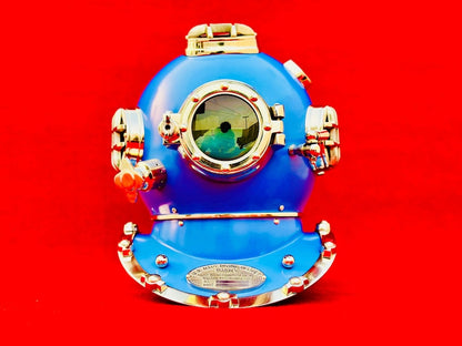 Side angle of U.S. Navy Mark V replica diving helmet showcasing steel and aluminum construction