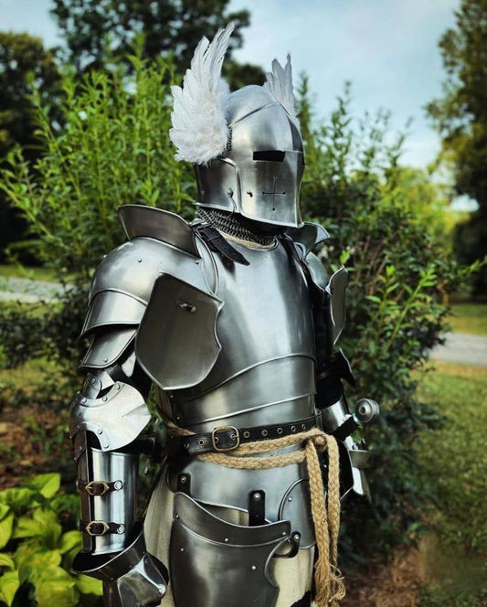 Front view of the Valiant Seraph Barbuta knight full body armor suit, fully assembled in polished 18 gauge steel for cosplay, LARP, or display.

