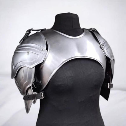 Close-up of cuirass and shoulder plate detail on handmade steel Valkyrie armor