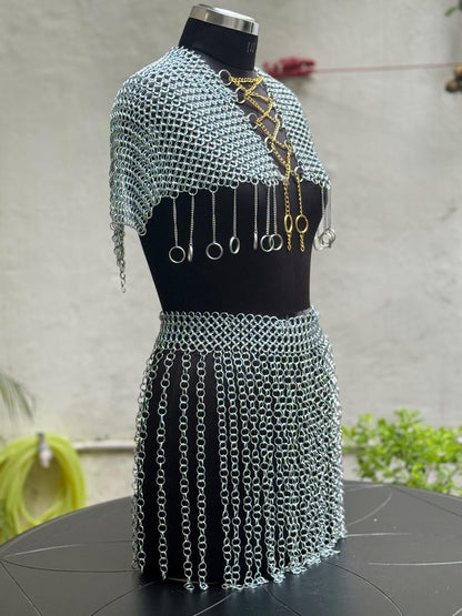 Bold Valkyrie chainmail fashion armor set for women—ideal for statement outfits, festivals, and fantasy cosplay