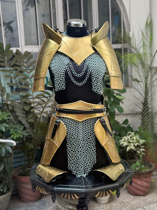 Valkyrie Golden Armor full set – front view of medieval lady warrior chainmail costume