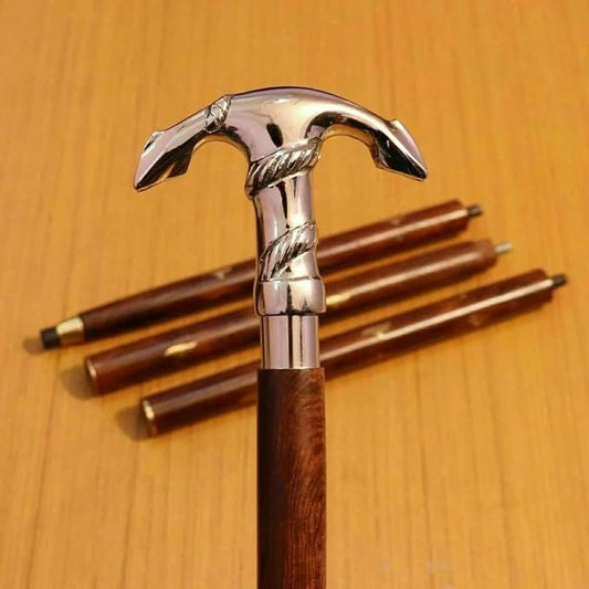 Victorian Brown Wooden Walking Stick with Brass Anchor Head Handle