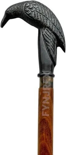 Victorian Crow Handle wooden vintage style walking stick with brass joints