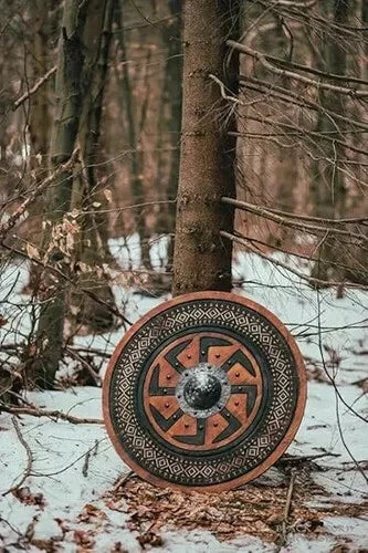 Back side of Viking shield showing leather arm straps for wearing