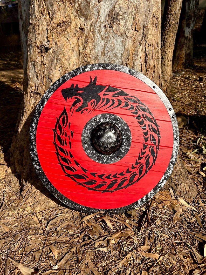 Viking Dragon Fenrir Wolf shield featuring an authentic battle-worn finish for home decor