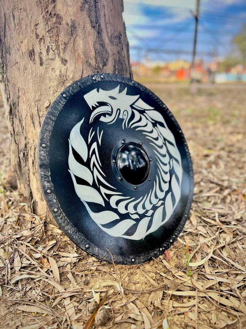 Viking Dragon Fenrir Wolf shield with detailed battle design for home decor