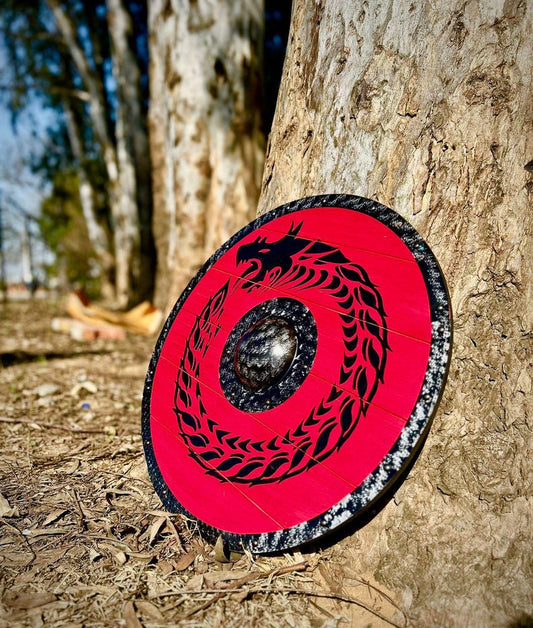 Viking Dragon Fenrir Wolf shield with authentic battle-worn design for home decor
