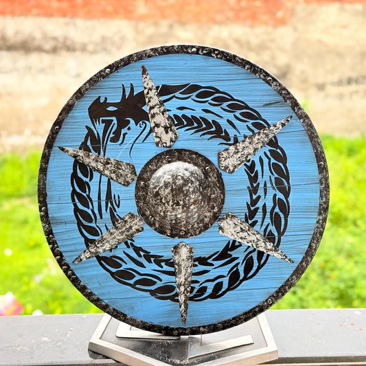 Viking Dragon Shield with Ouroboros Design – Authentic Wooden Viking Shield for LARP and Cospla