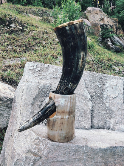 Viking Drinking Horn for Adult with golden metal rim for smooth sipping