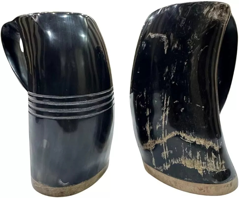 Handcrafted Viking drinking horn mug with polished finish and wooden base