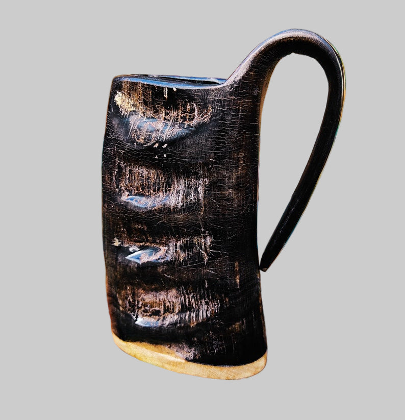 Viking drinking horn mugs for adult with carved natural grooves and handles