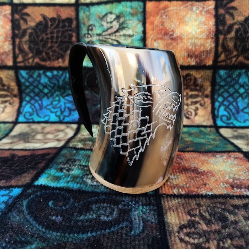 Viking Drinking Horn Mugs for adult with carved handles and intricate details