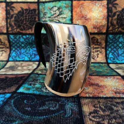 Viking Drinking Horn Mugs for adult with carved handles and intricate details