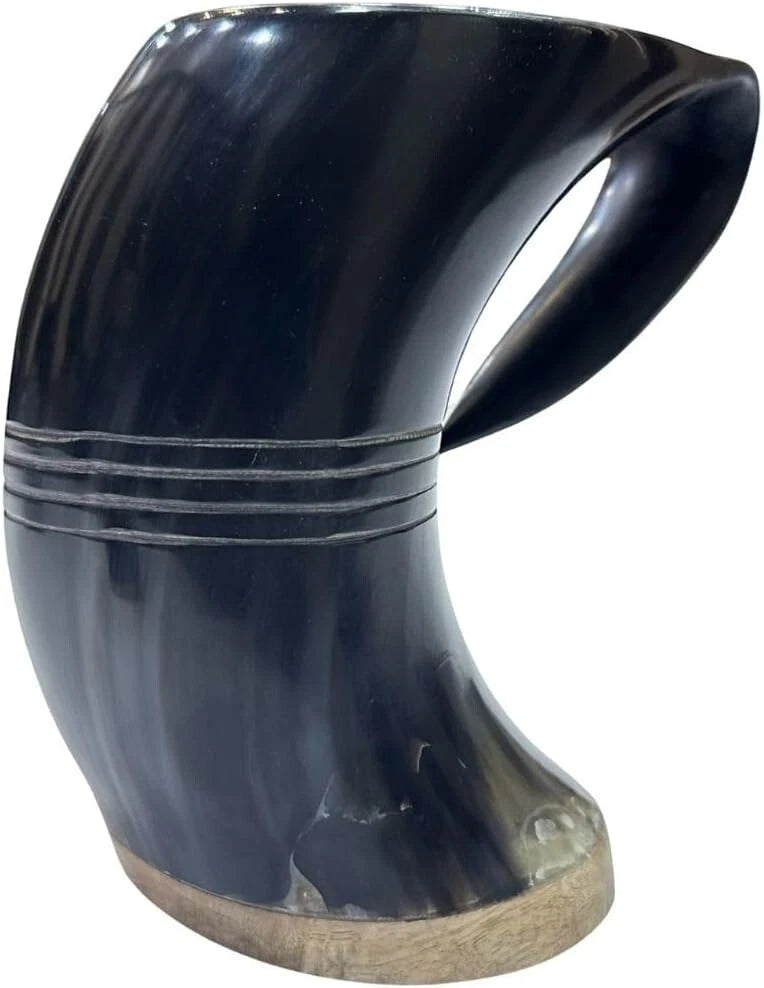 Viking drinking horn tankard with polished wood base and natural horn finish