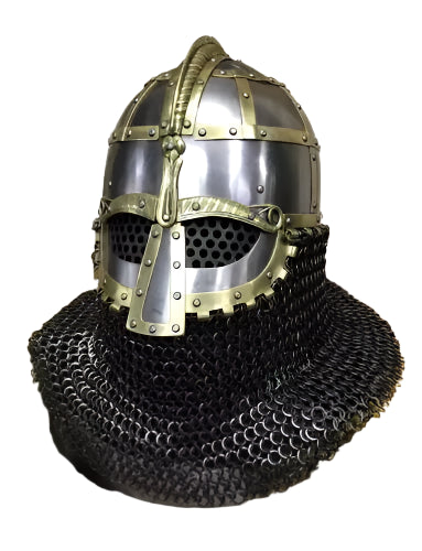 Front view of handcrafted Viking helmet with brass trim and chainmail
