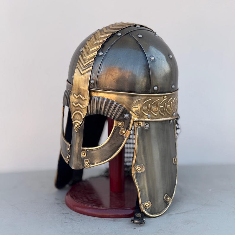 Handmade Viking helmet featuring genuine leather straps and steel construction