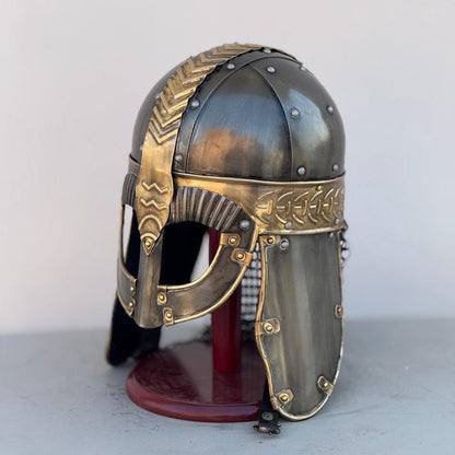 Handmade Viking helmet featuring genuine leather straps and steel construction