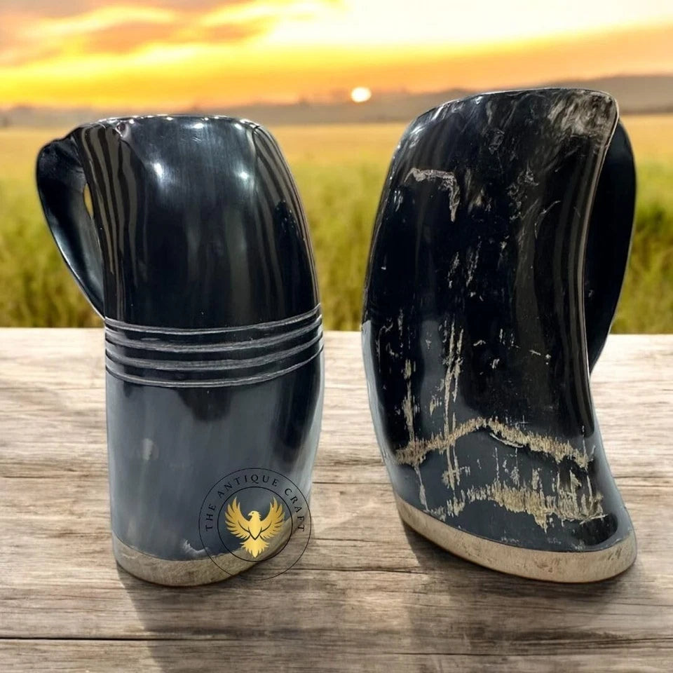 Viking horn mug displayed as a rustic gift for men and bar decoration
